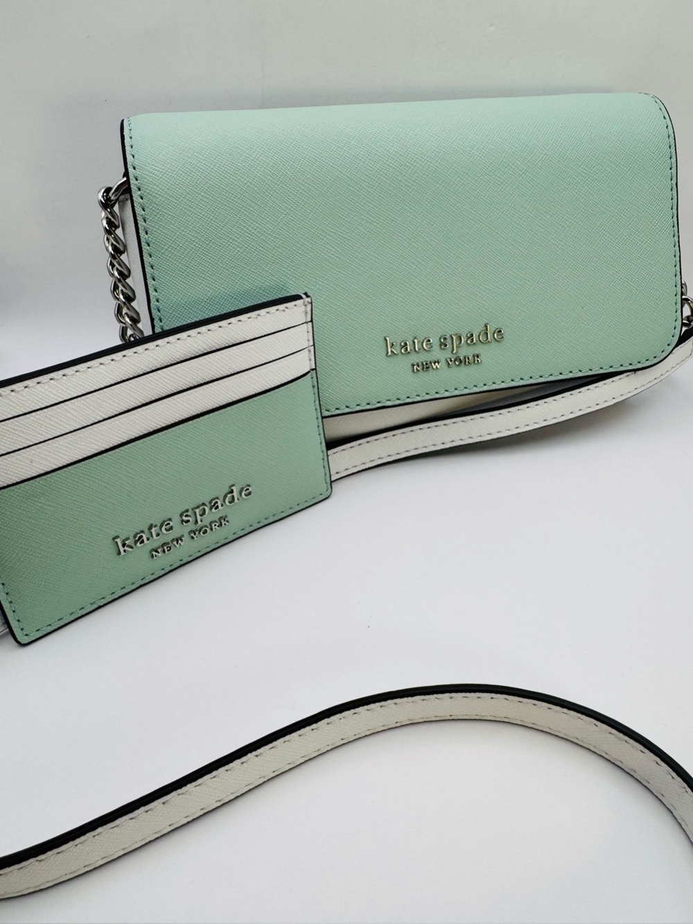 Kate Spade Cameron Spring Meadow Mint & White Crossbody Bag & Cardholder NWOT